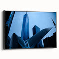 Black and white framed canvas of New York City skyline, featuring the Trade Center, in a vintage poster style.