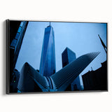Black and white framed canvas of New York City skyline, featuring the Trade Center, in a vintage poster style.