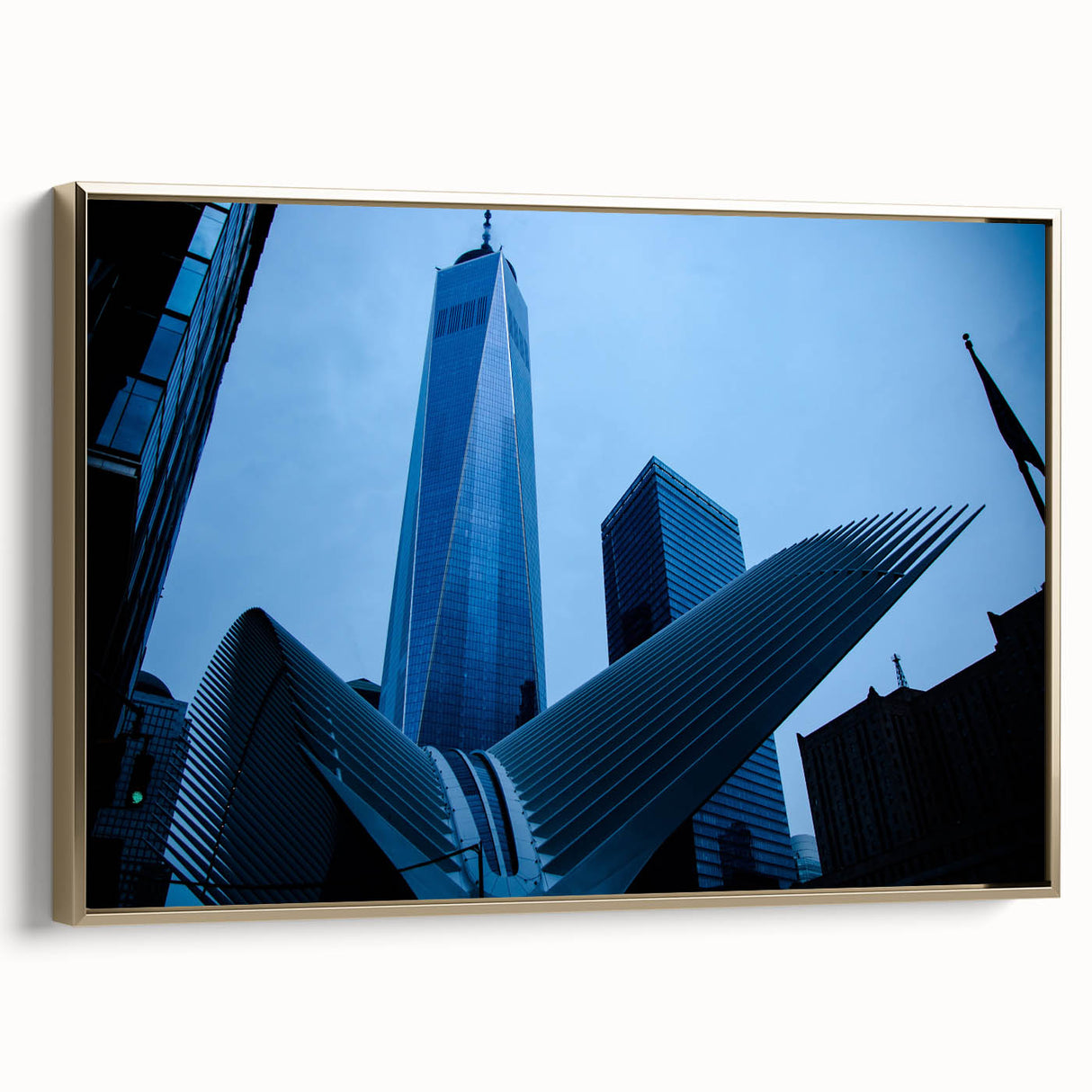 Framed canvas of NYC Trade Center in black and gold tones, ideal for bedroom wall art.
