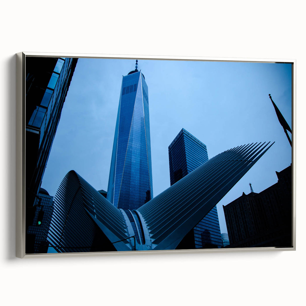 Landscape art painting of NYC Trade Center in colorful hues on a silver-framed canvas, ideal for modern office decor.