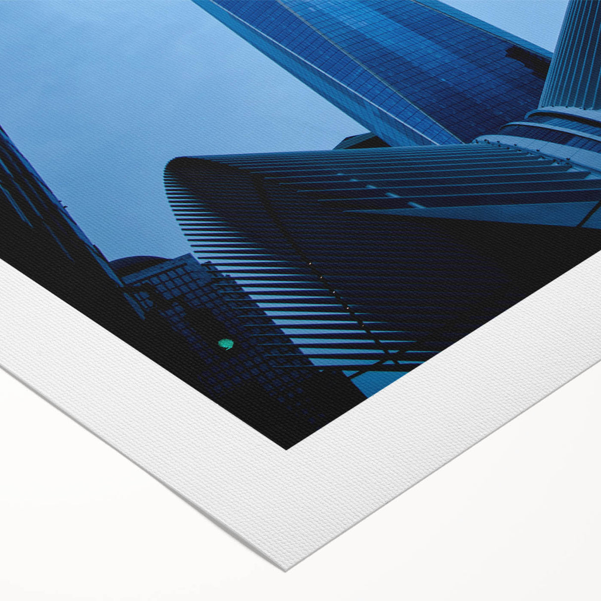 Art deco poster featuring the NYC skyline with muted gray and blue tones on rolled canvas, suitable for dining room wall art.