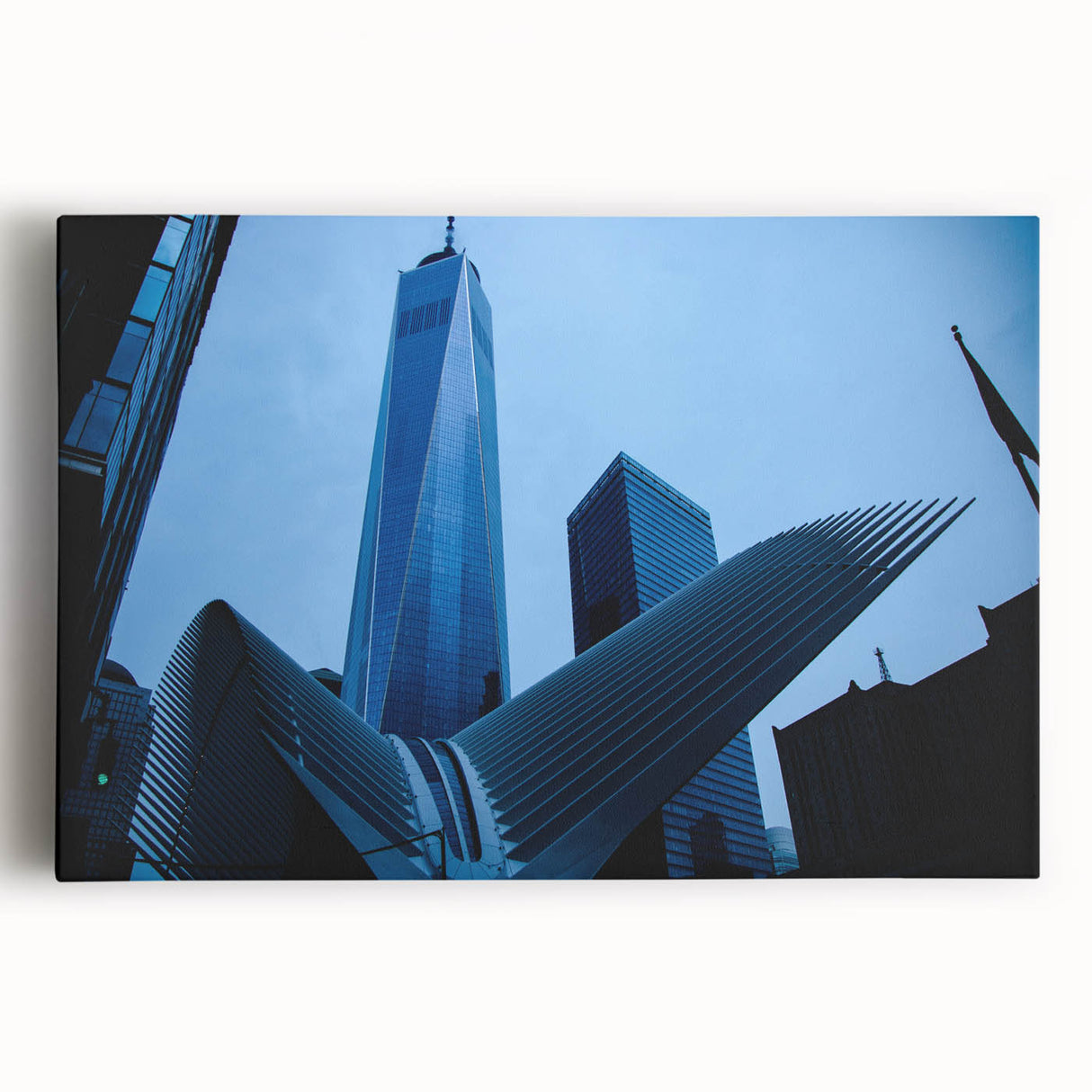 Black and white large art print of NYC Trade Center on stretched canvas, suitable for kitchen wall art.