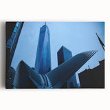 Black and white large art print of NYC Trade Center on stretched canvas, suitable for kitchen wall art.