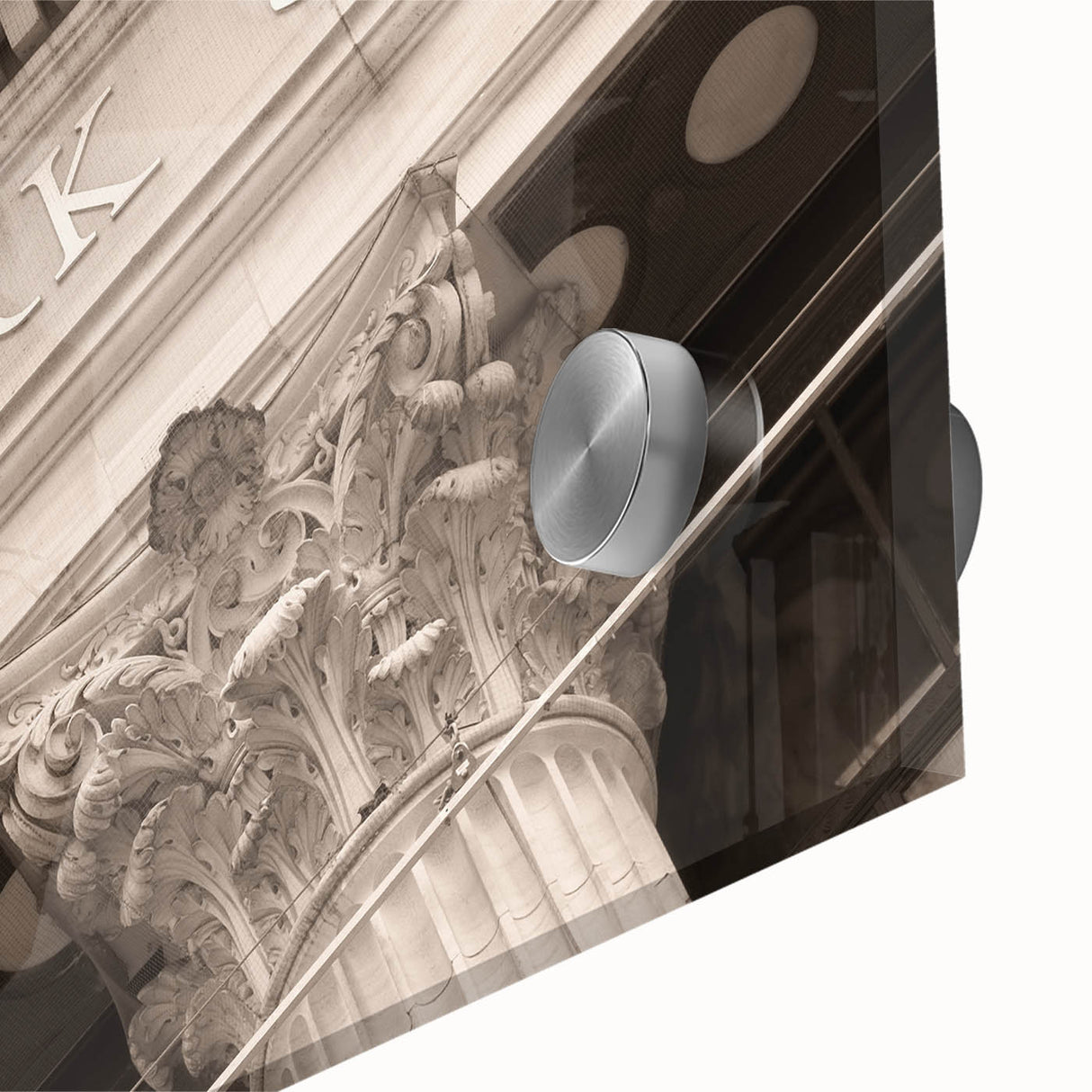 Large abstract wall art of New York City's Wall Street in muted gray tones on acrylic glass, ideal for dining room art.