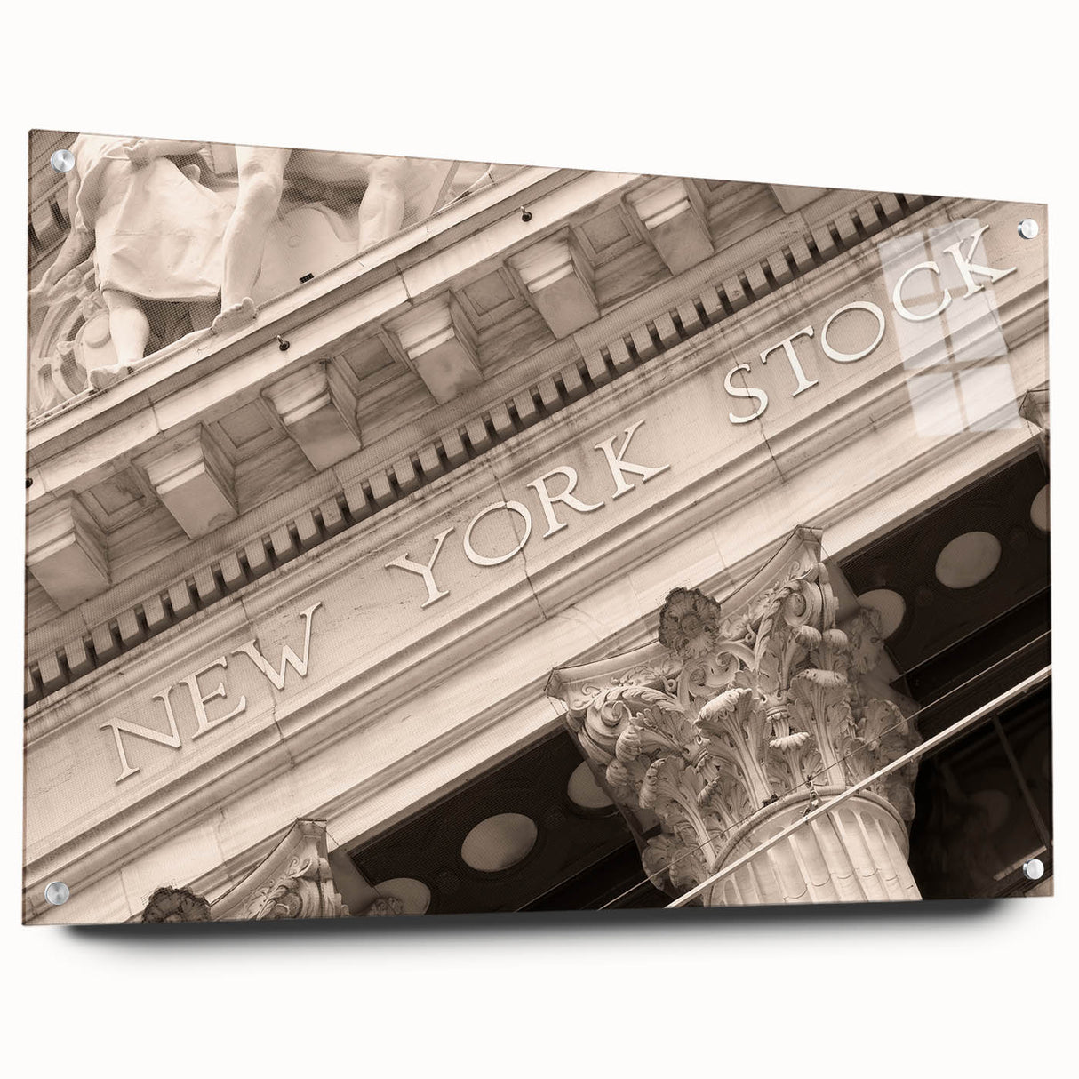 Acrylic print of New York City's Wall Street in muted green and gray tones, suitable for office or dining room decor.
