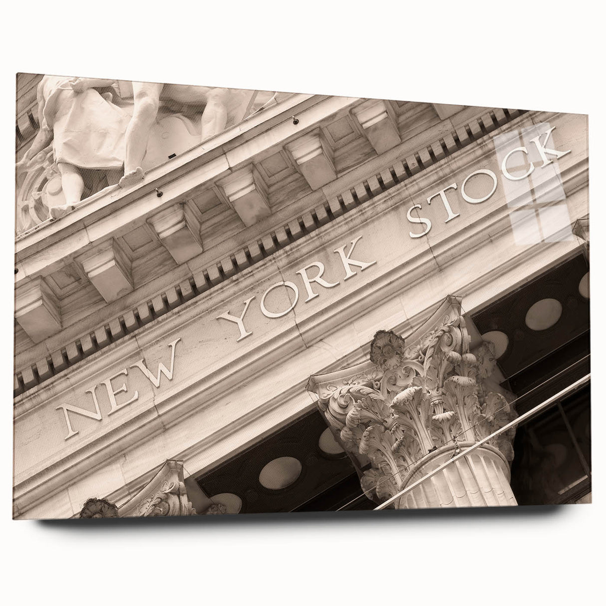 Acrylic print of a large abstract depiction of NYC's Wall Street in muted gray and blue tones.