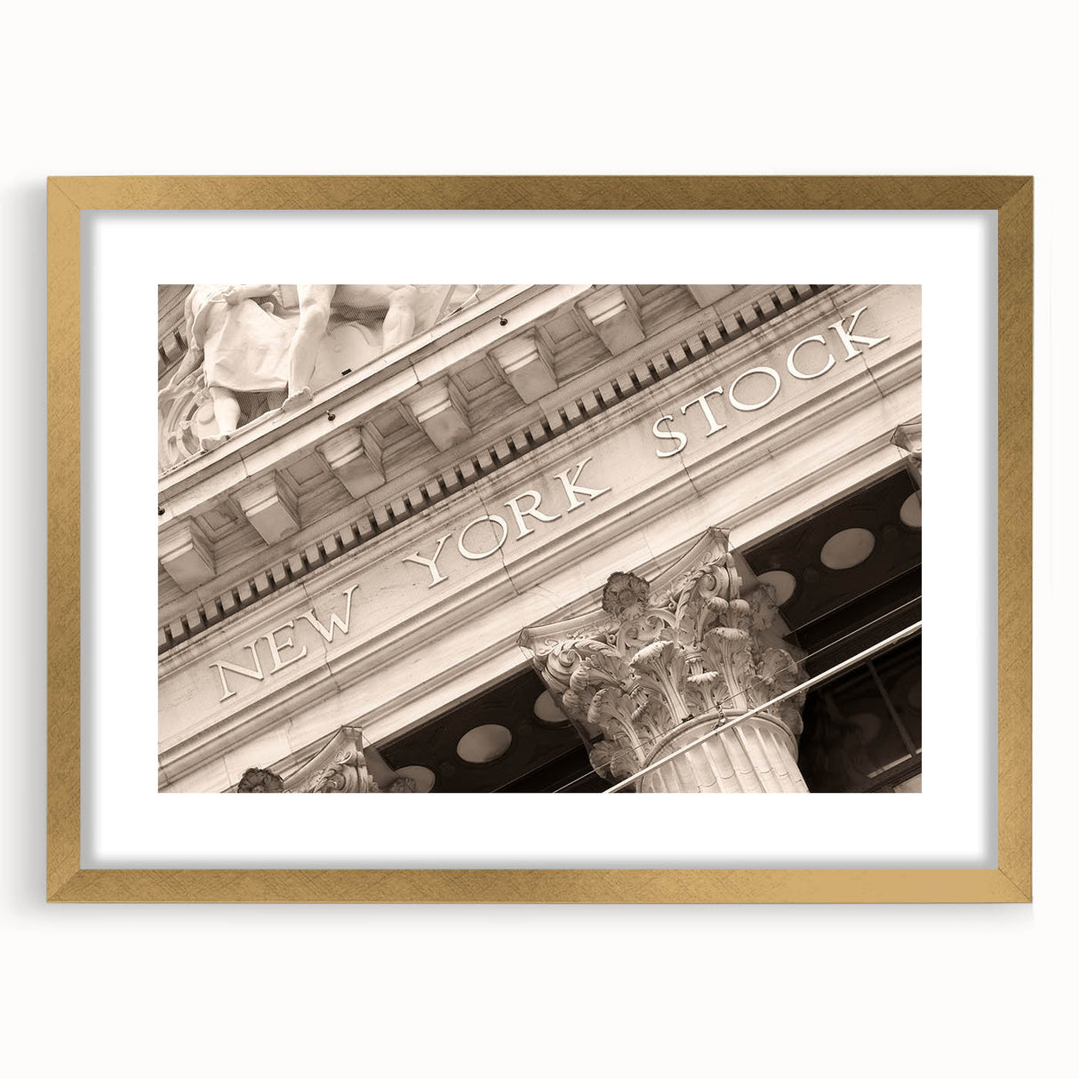 Extra large abstract art print of Wall Street, featuring textured gray and gold tones on a framed canvas.