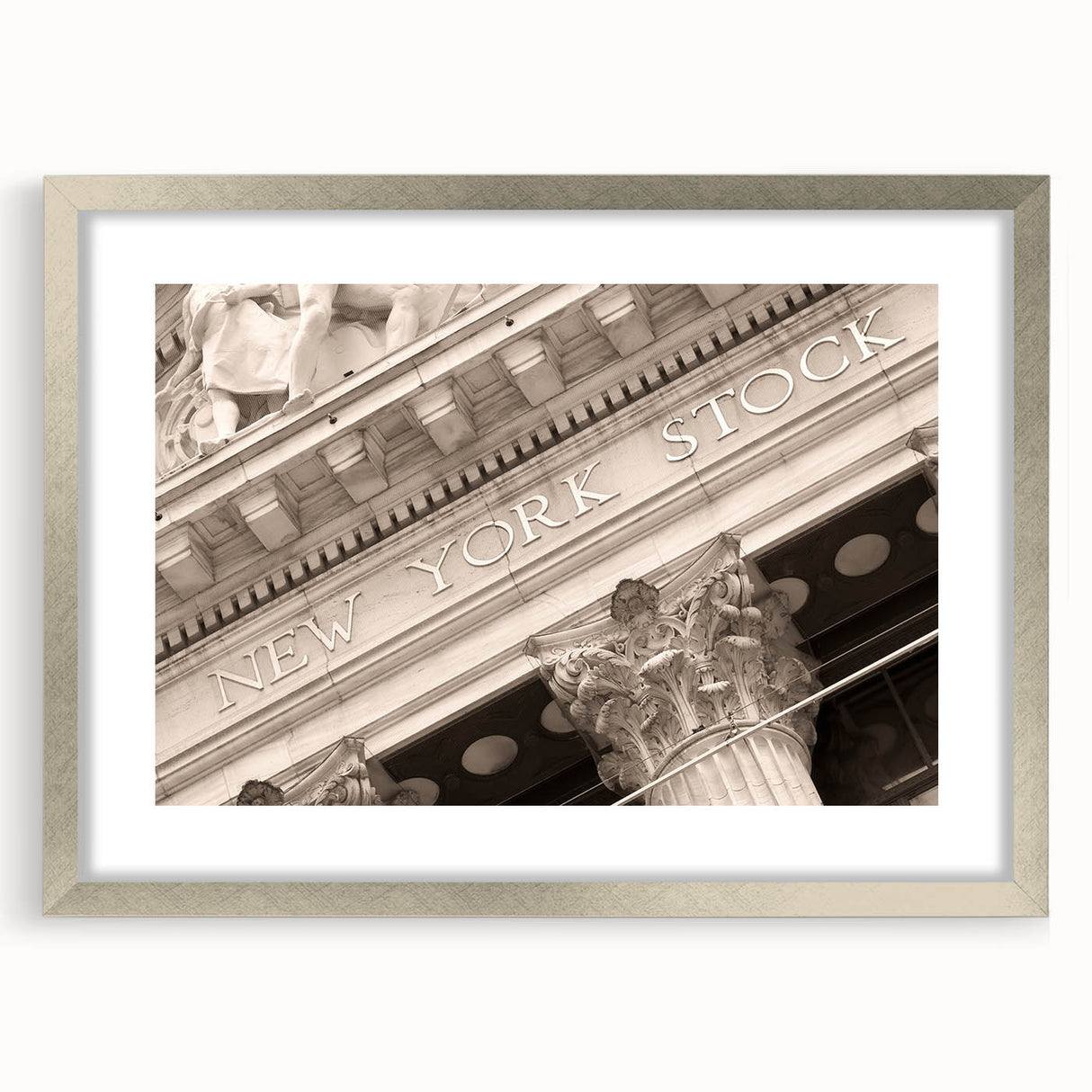 Textured abstract art print of Wall Street in muted grays and blues on a silver-framed mat, ideal for bedroom art.