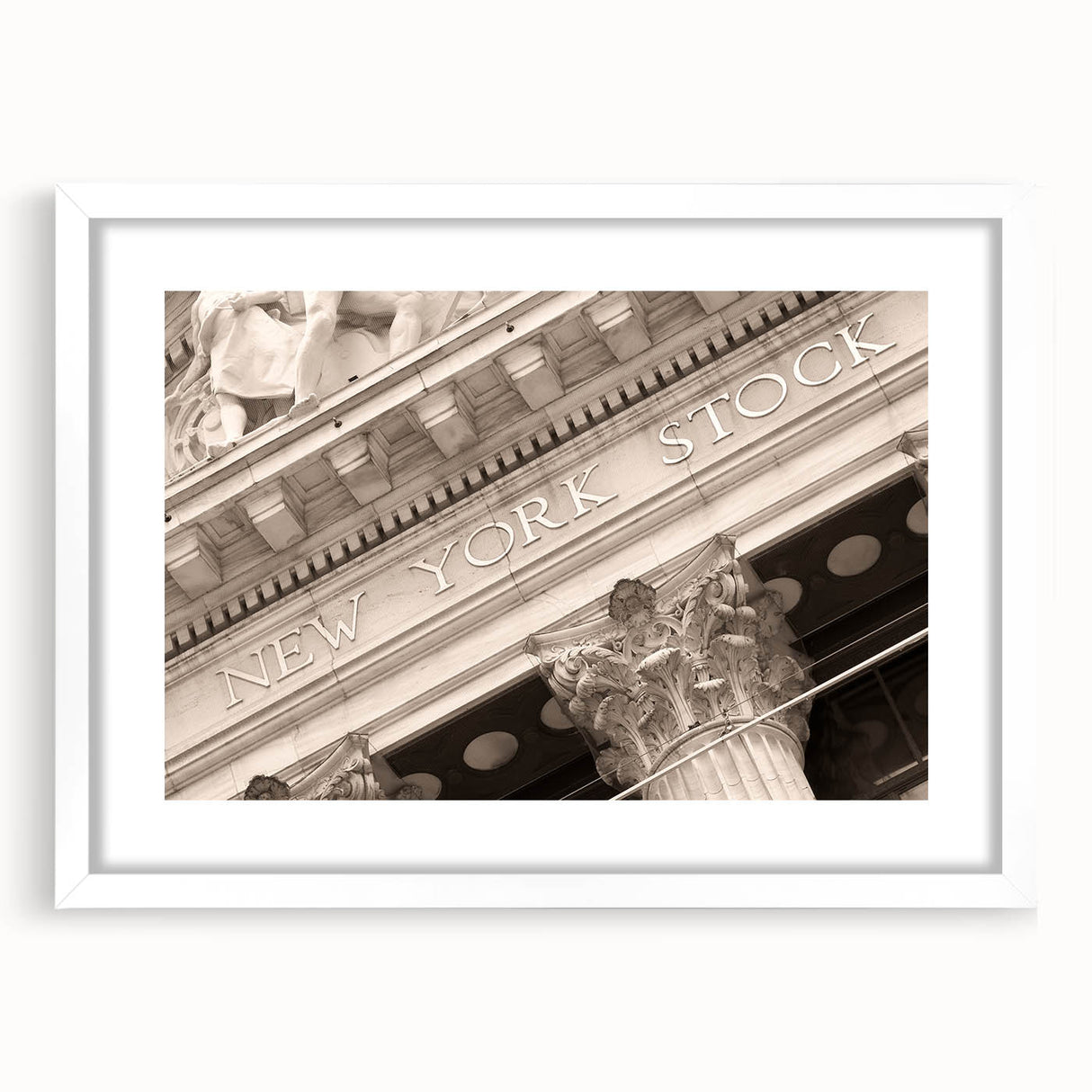 Abstract art print of Wall Street featuring muted gray and blue tones on a white-framed poster.
