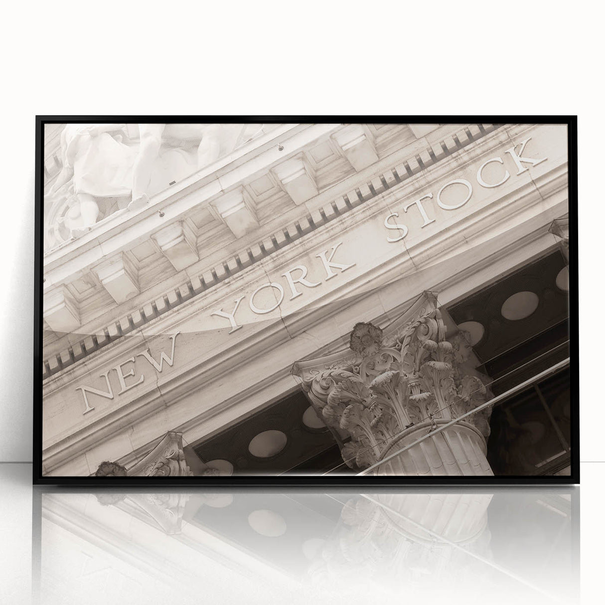 Large abstract wall art of NYC's Wall Street in black and white tones on framed acrylic, suitable for modern office decor.