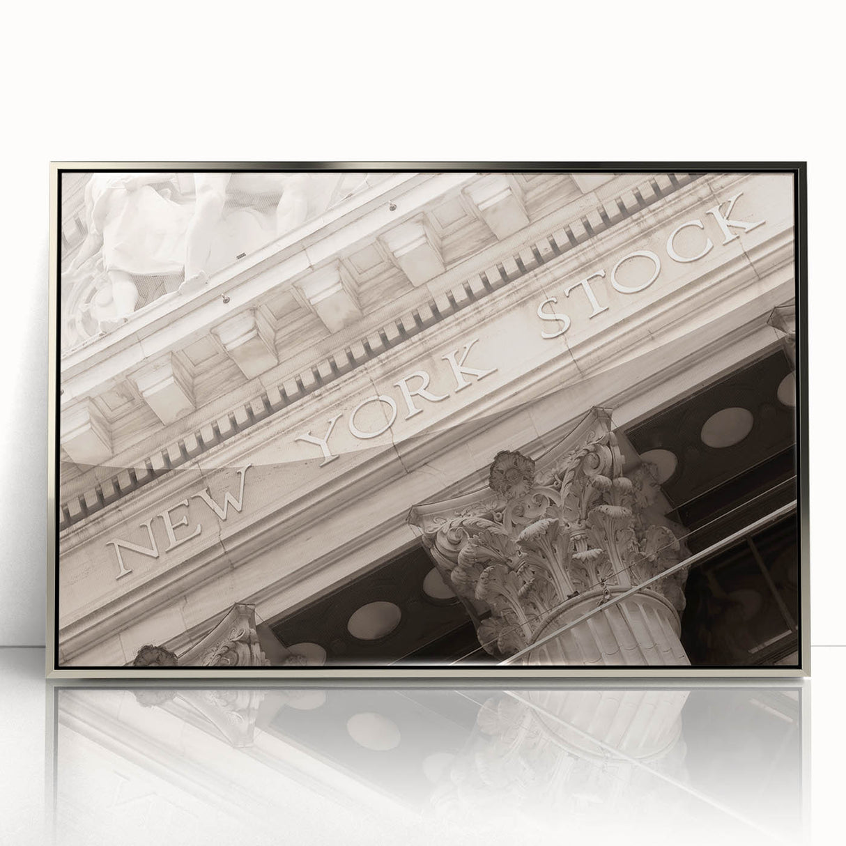 Mid-century modernist art depicting New York's Wall Street in acrylic, framed in silver, suitable for modern art wall decor.