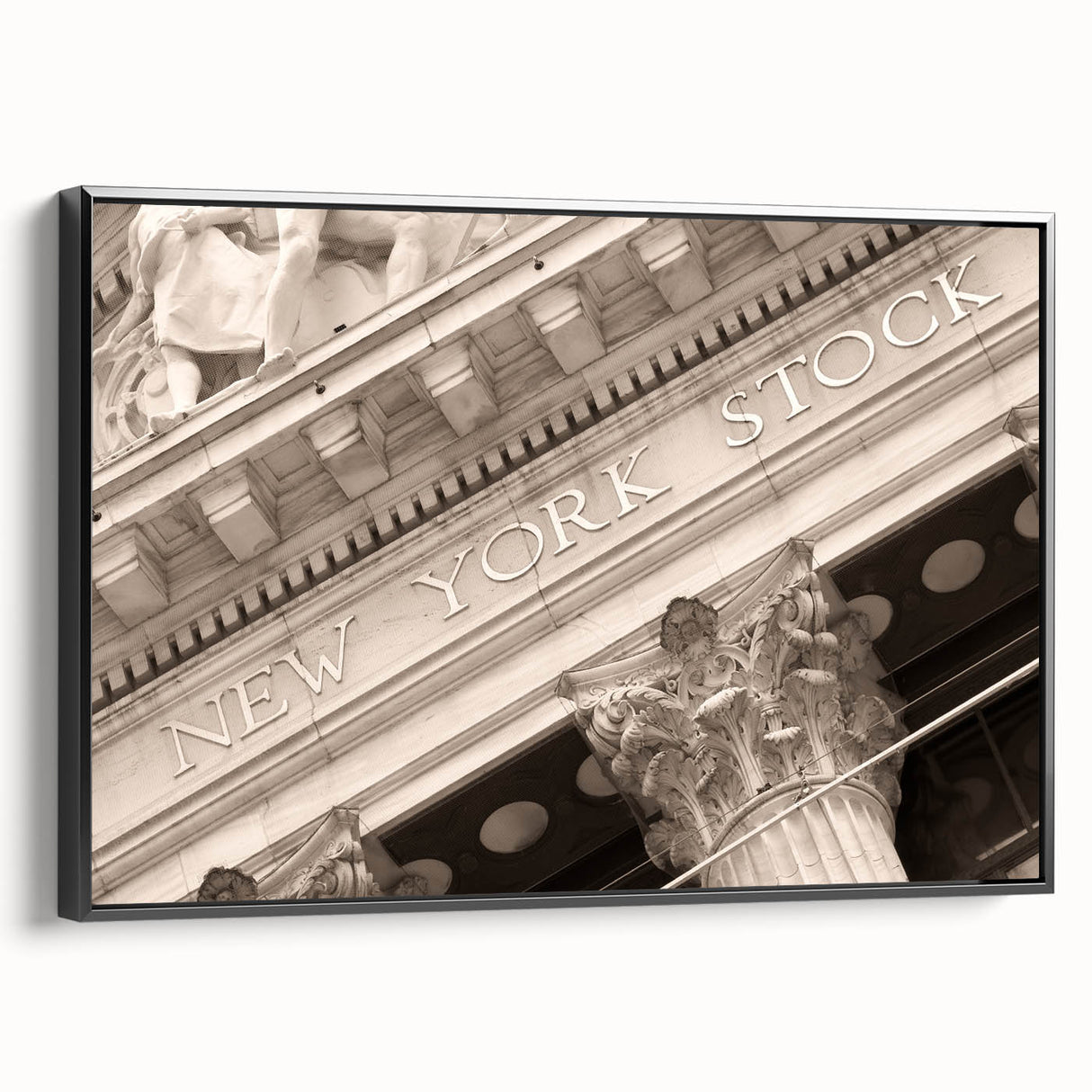 Black and white framed canvas of Wall Street featuring vintage poster style, ideal for bedroom wall art.