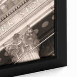 Extra large framed canvas featuring a textured, colorful depiction of NYC's Wall Street, ideal for living room decor.