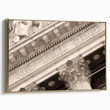 Framed canvas wall art depicting a vintage style New York City street scene in black and gold tones, ideal for bedroom decor.