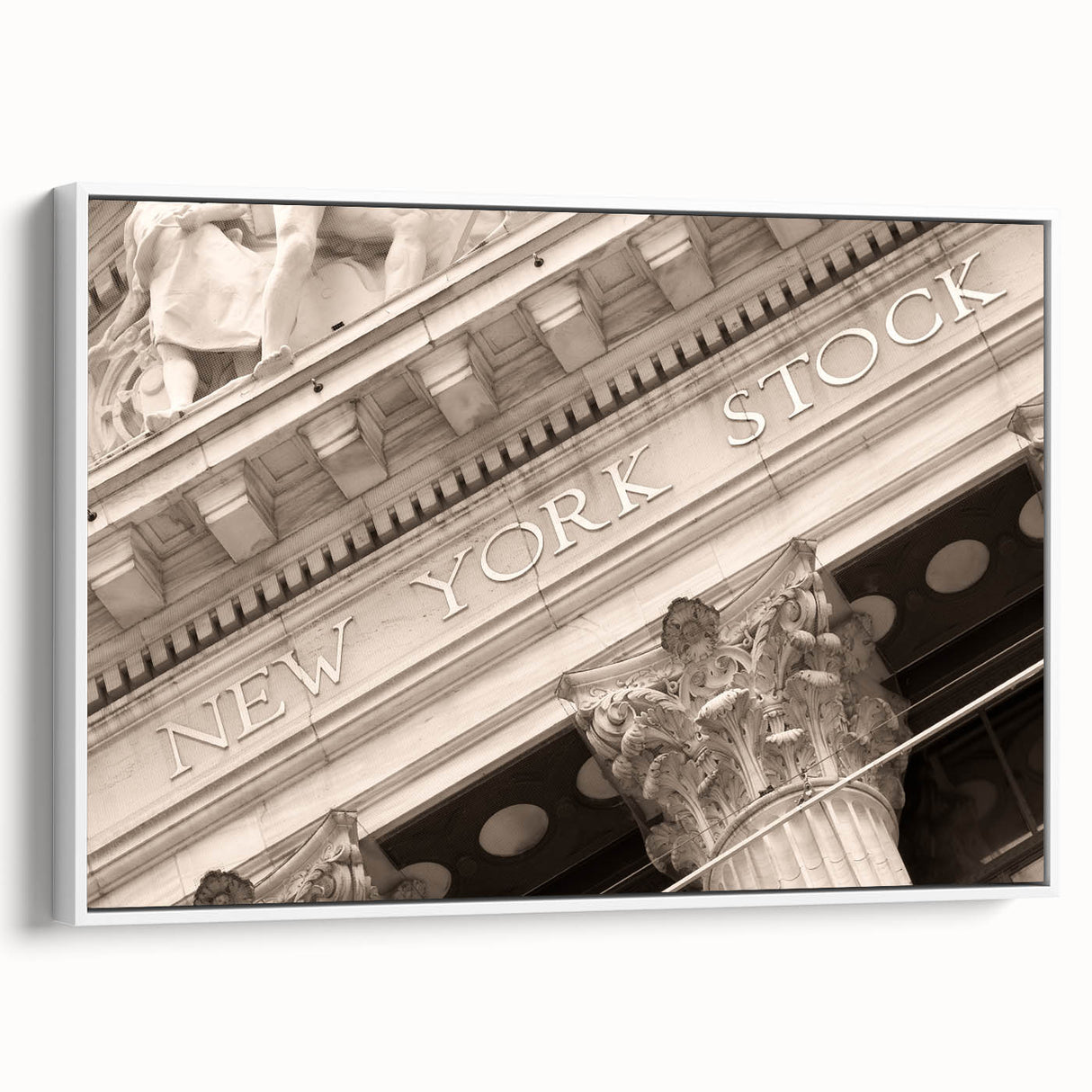 Vintage poster art of Wall Street, featuring colorful accents on a black background, displayed on a large framed canvas.