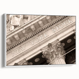 Vintage poster art of Wall Street, featuring colorful accents on a black background, displayed on a large framed canvas.
