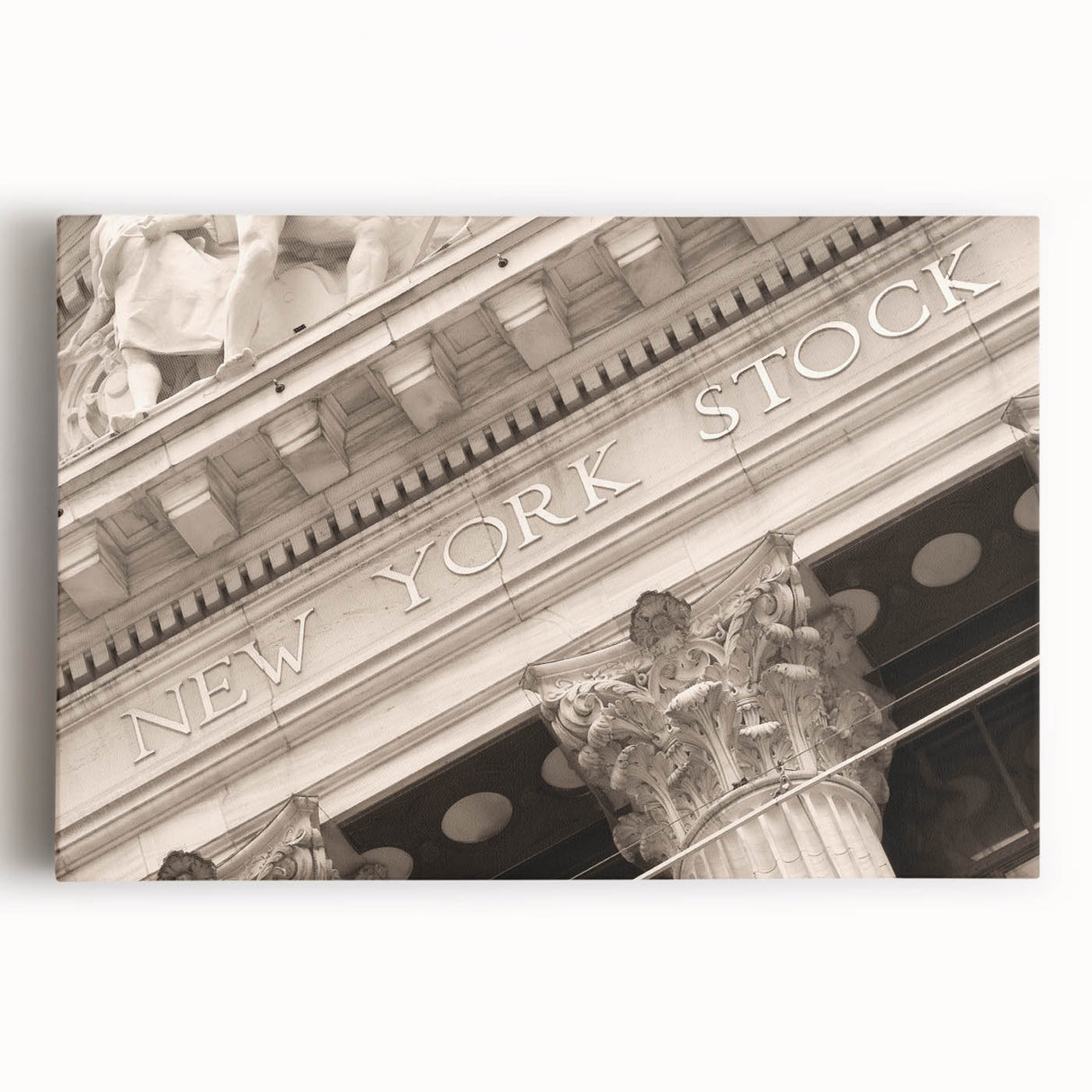 Black and white large art print of Wall Street scene on stretched canvas, suitable for kitchen wall art.