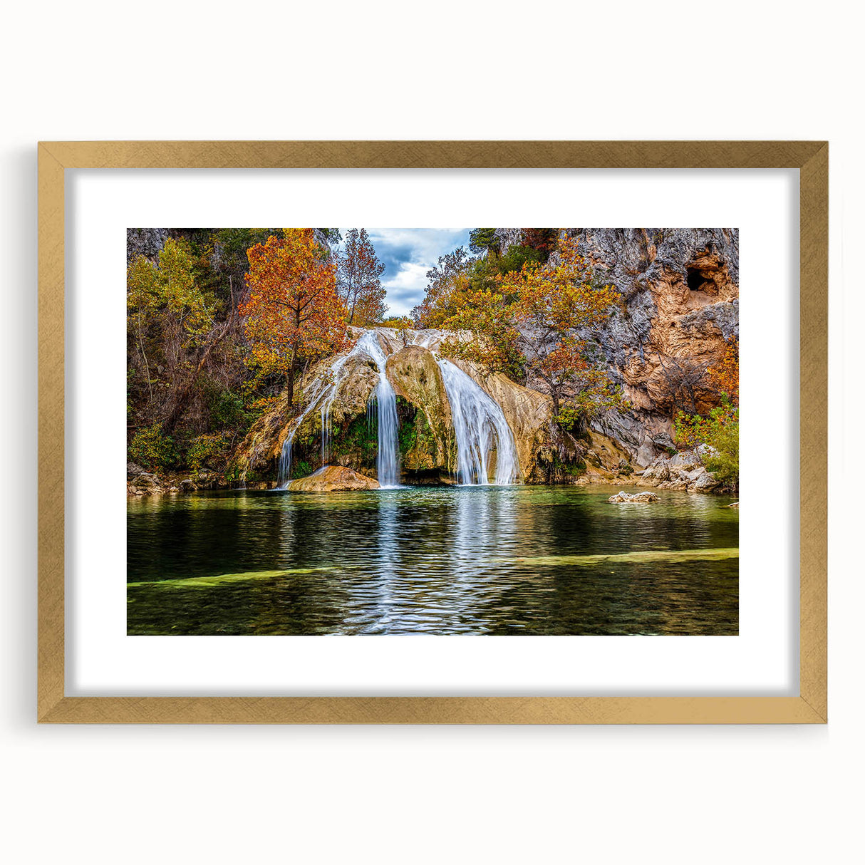 Extra large abstract art print of textured Oklahoma scenery in gold frame, ideal for living room decor.
