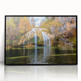 Large abstract wall art depicting vibrant orange and blue Oklahoma scenery on a black framed acrylic.