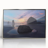 Mid-century modernist art of Cannon Beach, Oregon, in muted earth tones on a framed acrylic print.