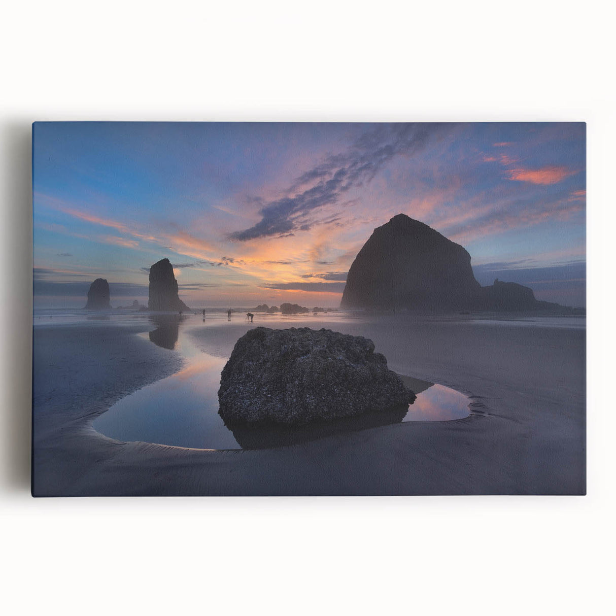 Black and white photo of Cannon Beach, Oregon on stretched canvas, ideal for kitchen wall art.