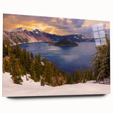 Acrylic print of Crater Lake, Oregon, in serene blues and greens, suitable for bedroom or dining room decor.