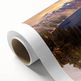 Art deco poster of Crater Lake, Oregon, in muted blue tones on rolled canvas, ideal for nursery wall art.
