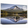 Acrylic print of Mount Hood in Oregon with muted forest and sky tones, suitable for dining room decor.