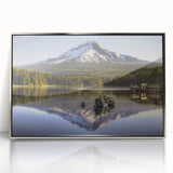 Mid-century modernist art of Mount Hood, Oregon with muted earth tones on a silver-framed acrylic print.