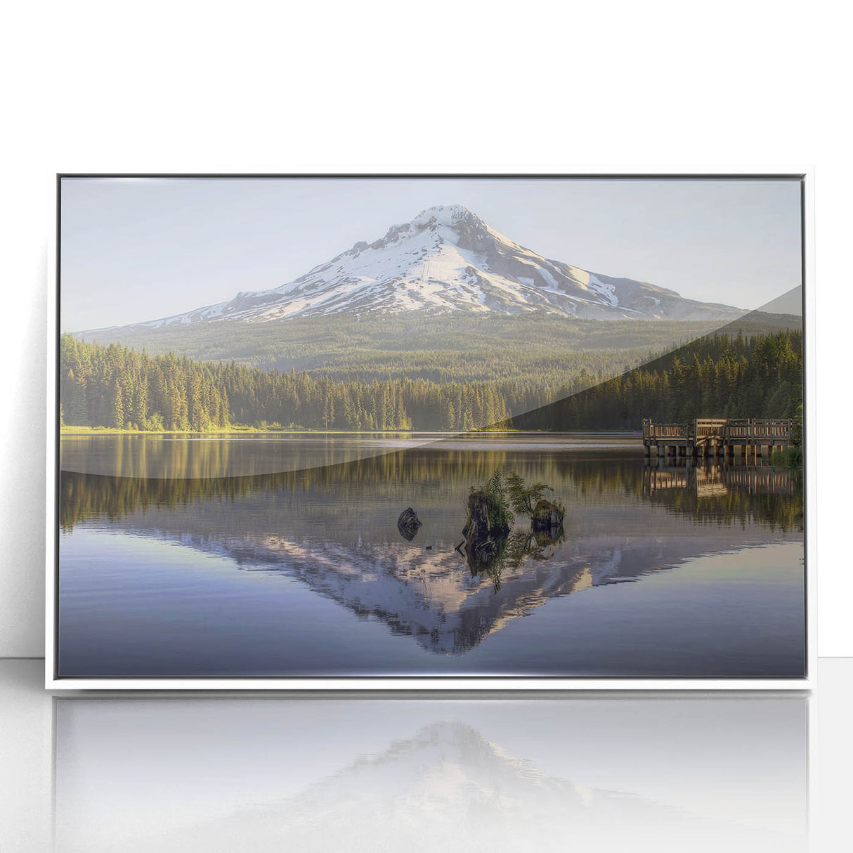 Acrylic print of Mount Hood in Oregon with muted blue and green tones, framed in white, suitable for modern art wall decor.