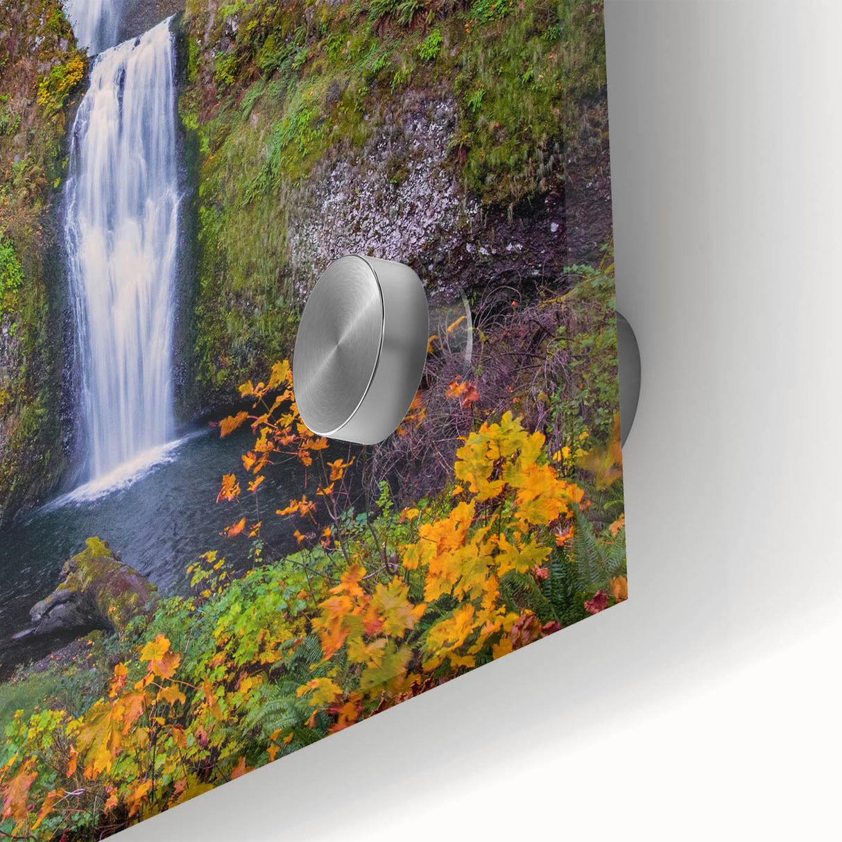 Acrylic print of Multnomah Falls in Oregon, featuring large abstract shapes and mid-century modernist style.