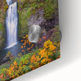 Acrylic print of Multnomah Falls in Oregon, featuring large abstract shapes and mid-century modernist style.