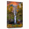 Acrylic print of Multnomah Falls in Oregon featuring vibrant greens and blues, ideal for dining room decor.