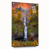 Acrylic print of Multnomah Falls in Oregon featuring vibrant greens and blues, ideal for dining room decor.