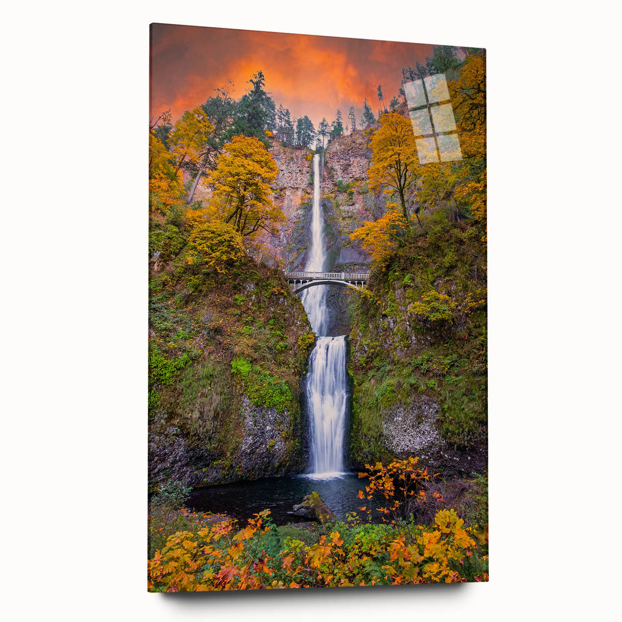 Acrylic print of Multnomah Falls in Oregon, featuring natural green and blue tones, suitable for bedroom or dining room art.