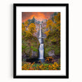 Extra large framed print of Multnomah Falls in vibrant green and blue tones, ideal for living room wall art.