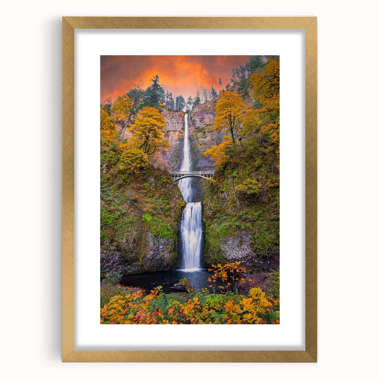 Extra large framed wall art depicting Multnomah Falls in Oregon with a textured, abstract style, ideal for living room decor.