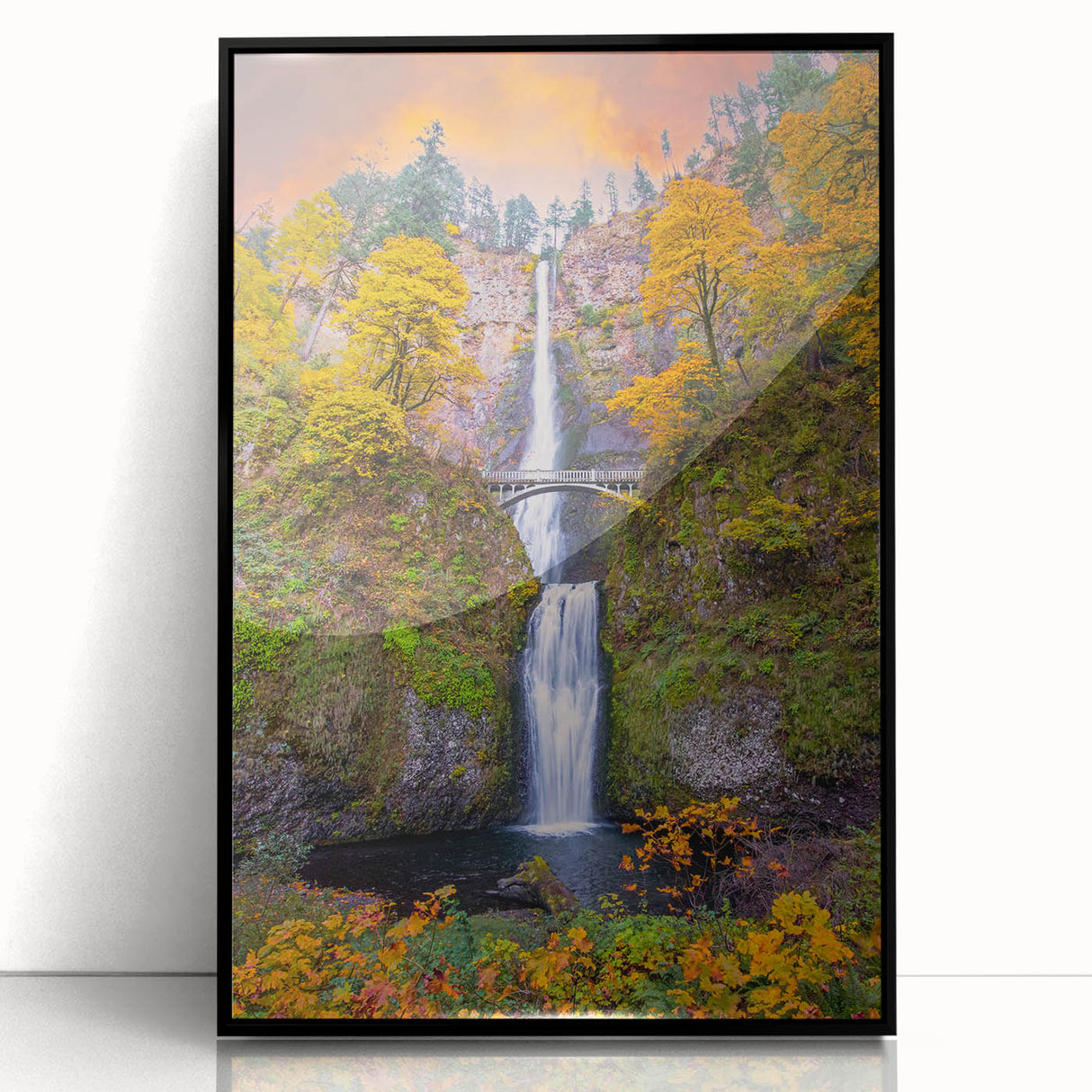 Large abstract wall art depicting Multnomah Falls in Oregon with muted earth tones on a framed acrylic.