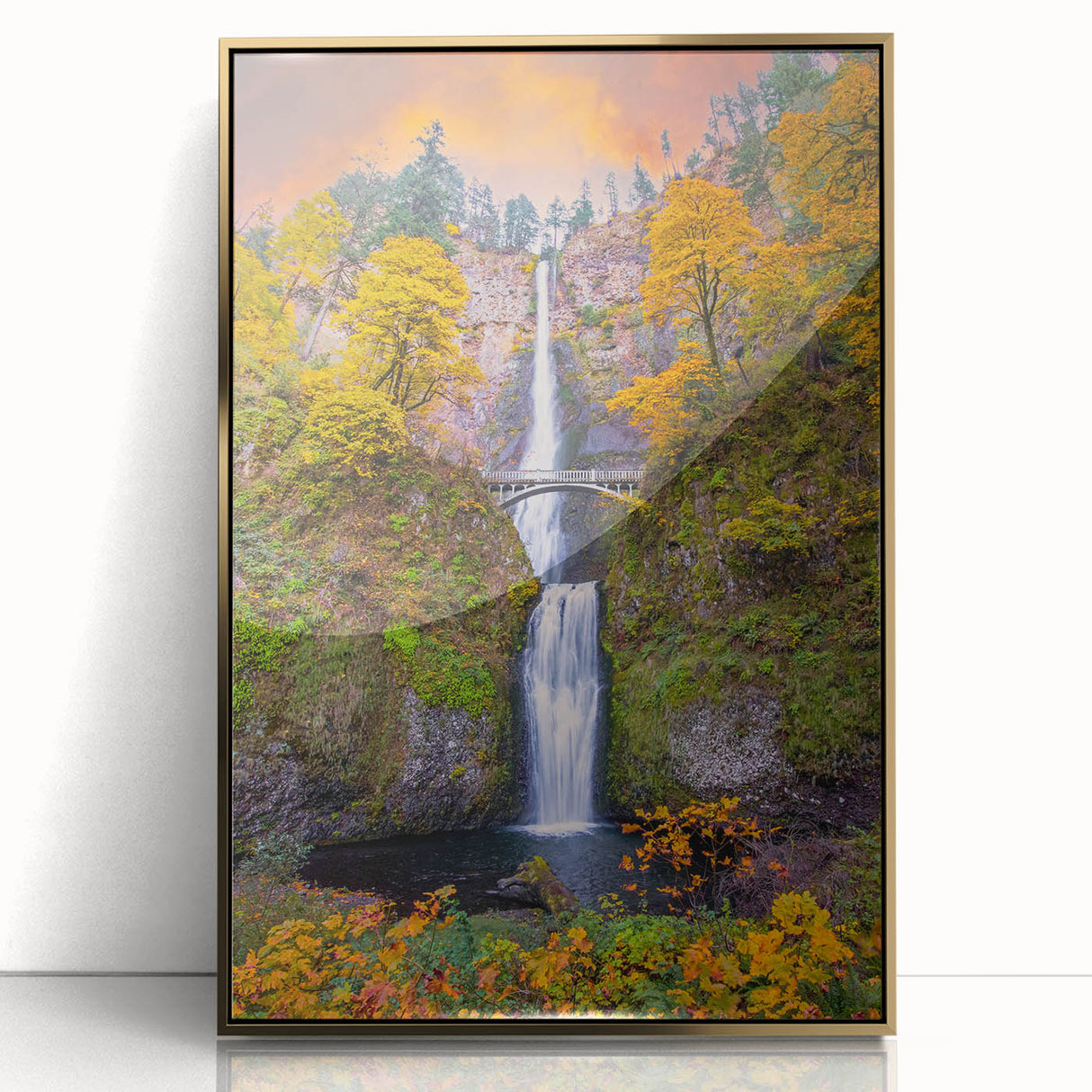 Mid-century modernist large art print of Multnomah Falls in Oregon, featuring muted green and blue tones on a framed acrylic.