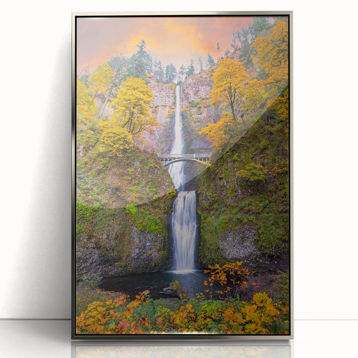 Mid-century modernist art of Multnomah Falls in Oregon, featuring muted green and gray tones on a framed acrylic print.