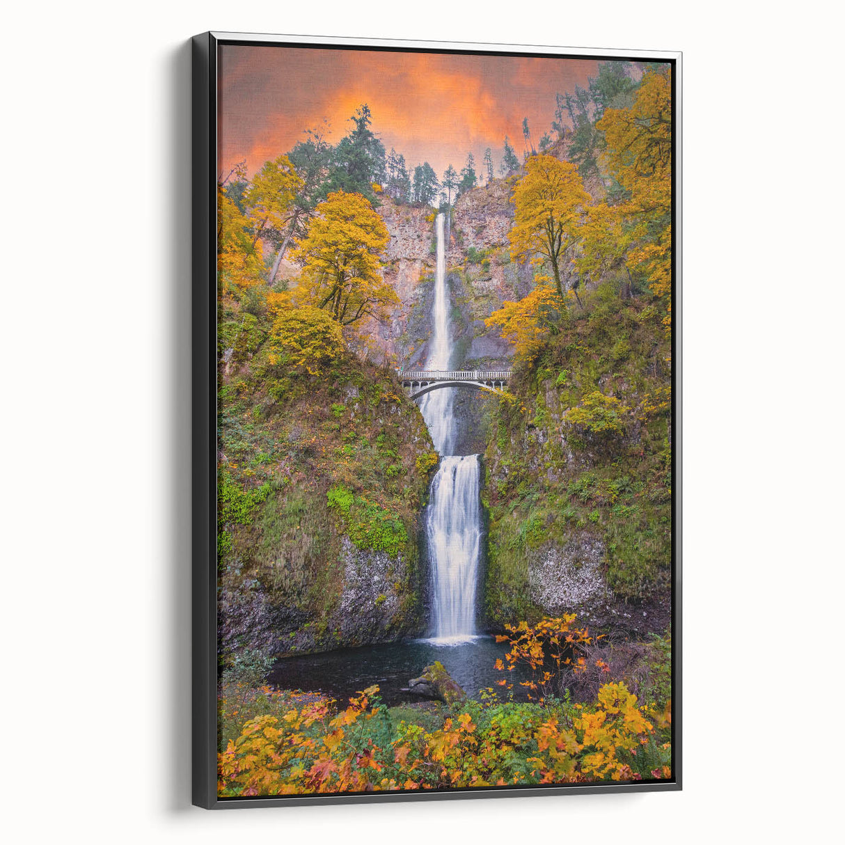 Black and white framed canvas of Multnomah Falls, Oregon, in a vintage poster style, ideal for bedroom wall decor.