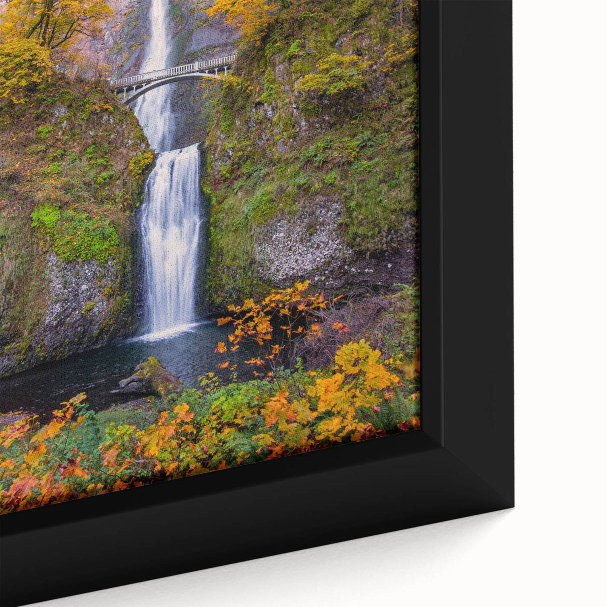 Extra large framed canvas featuring Multnomah Falls in Oregon, with black and colorful textured art.