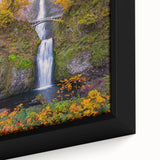 Extra large framed canvas featuring Multnomah Falls in Oregon, with black and colorful textured art.