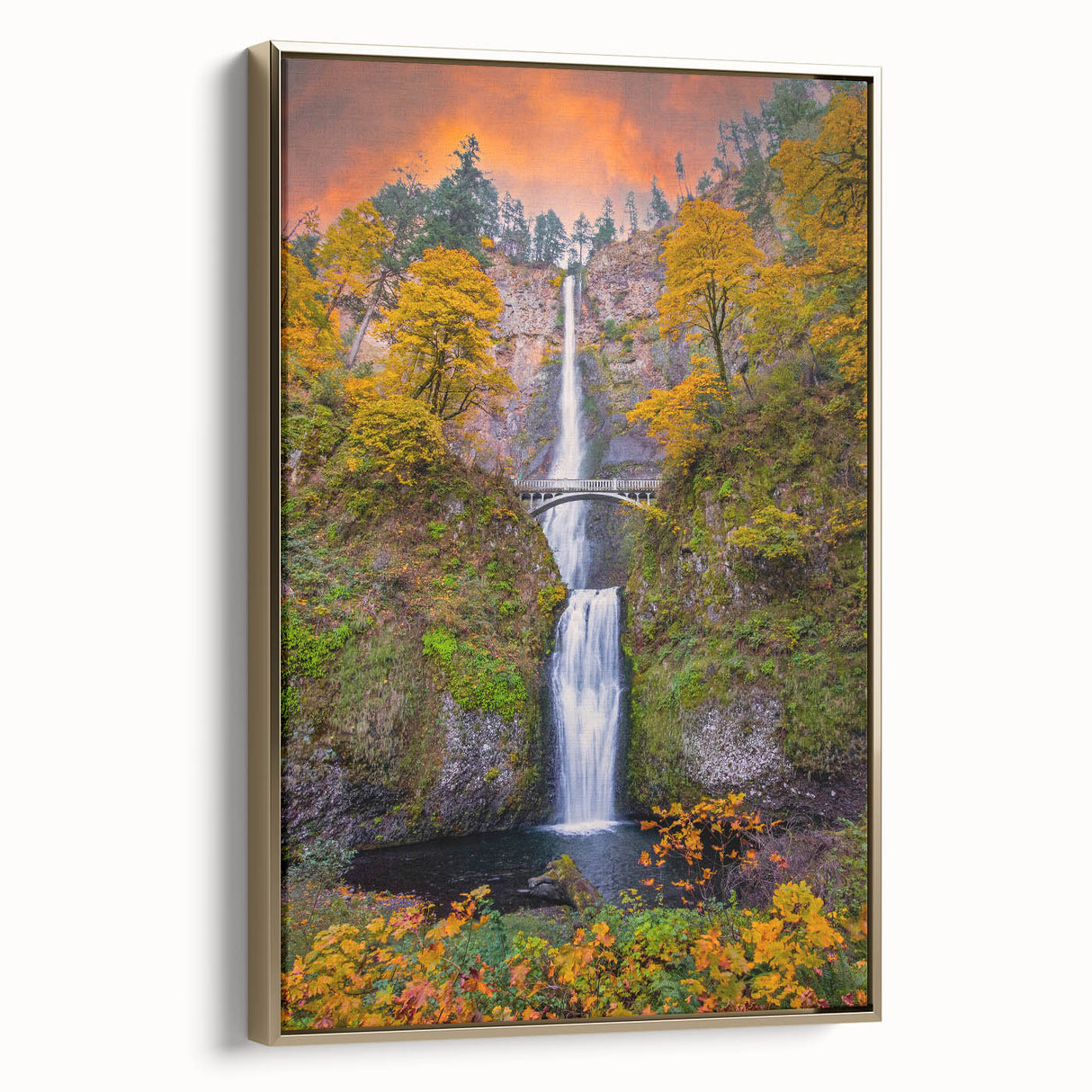 Framed canvas depicting Multnomah Falls in Oregon, rendered in black with vintage poster art style.