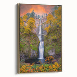 Framed canvas depicting Multnomah Falls in Oregon, rendered in black with vintage poster art style.