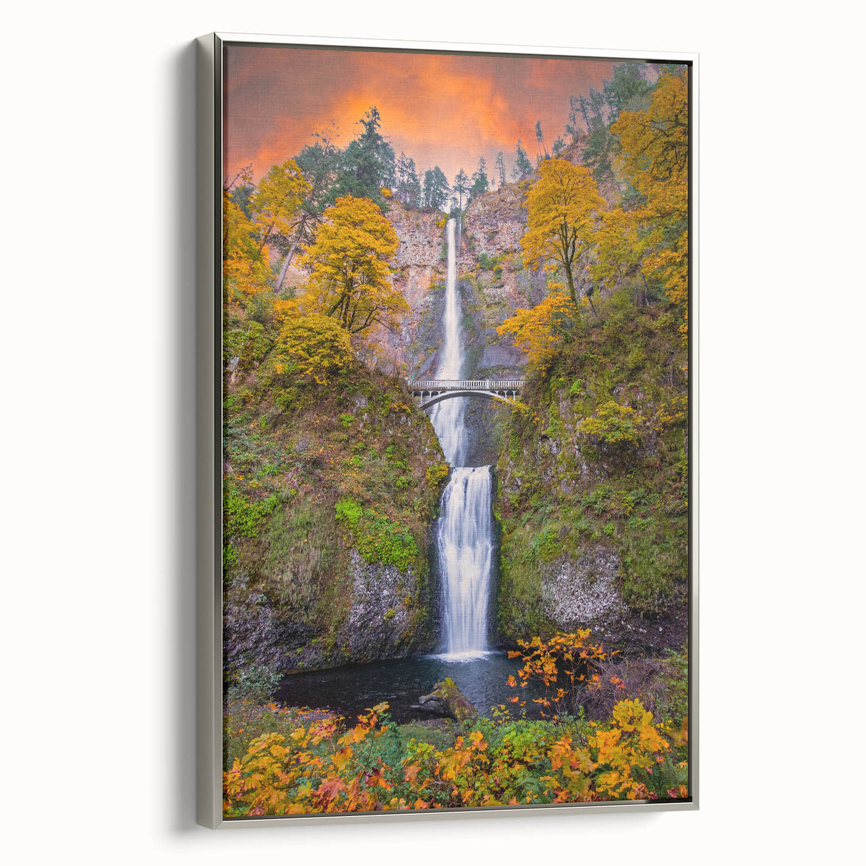 Landscape art painting of Multnomah Falls in Oregon on a framed canvas.