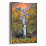 Landscape art painting of Multnomah Falls in Oregon on a framed canvas.