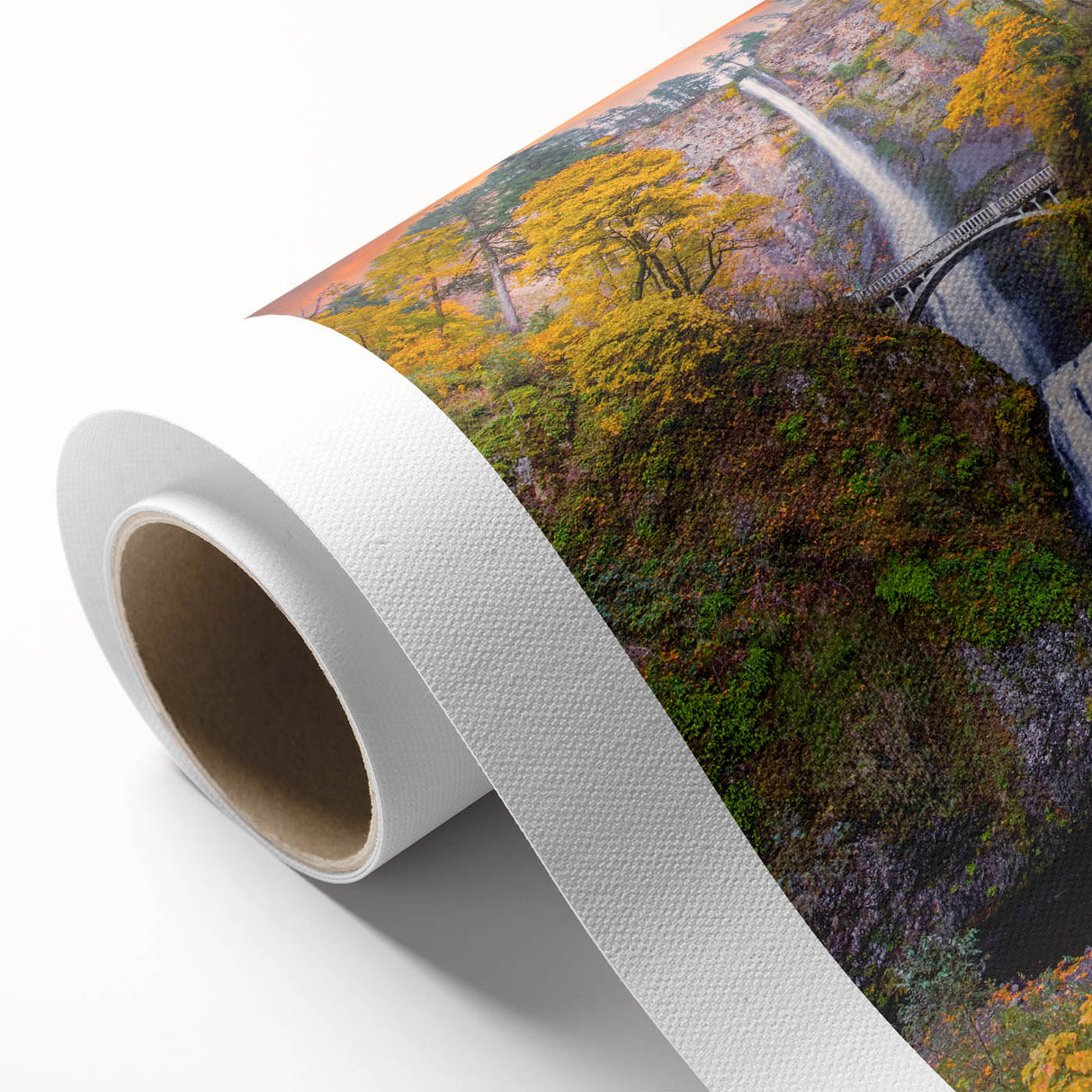 Art deco poster of Multnomah Falls in muted green and blue tones on rolled canvas, ideal for nursery wall art.