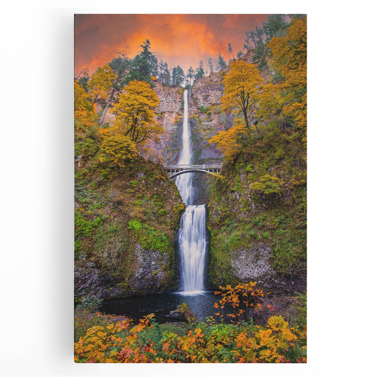 Black and white photograph of Multnomah Falls in Oregon on stretched canvas, ideal for kitchen wall art.