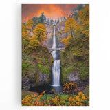 Black and white photograph of Multnomah Falls in Oregon on stretched canvas, ideal for kitchen wall art.